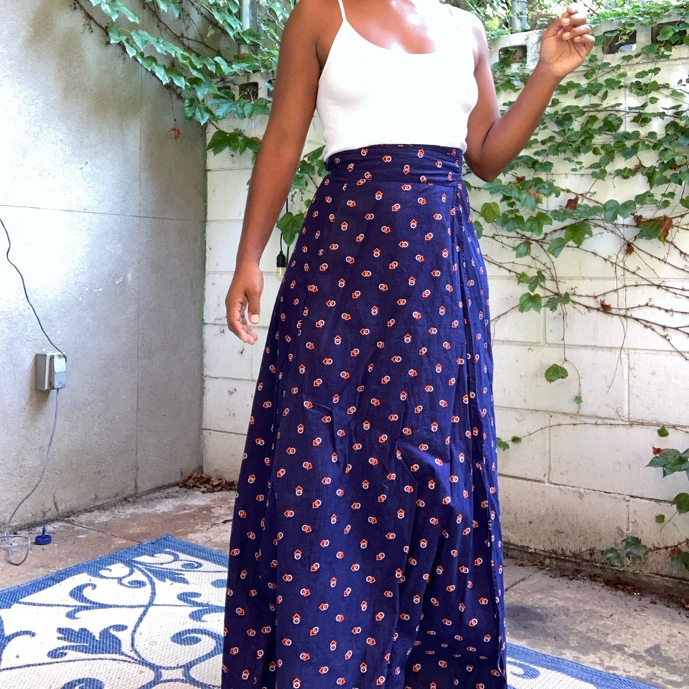Vintage Blue Wrap Skirt with Abstract Print